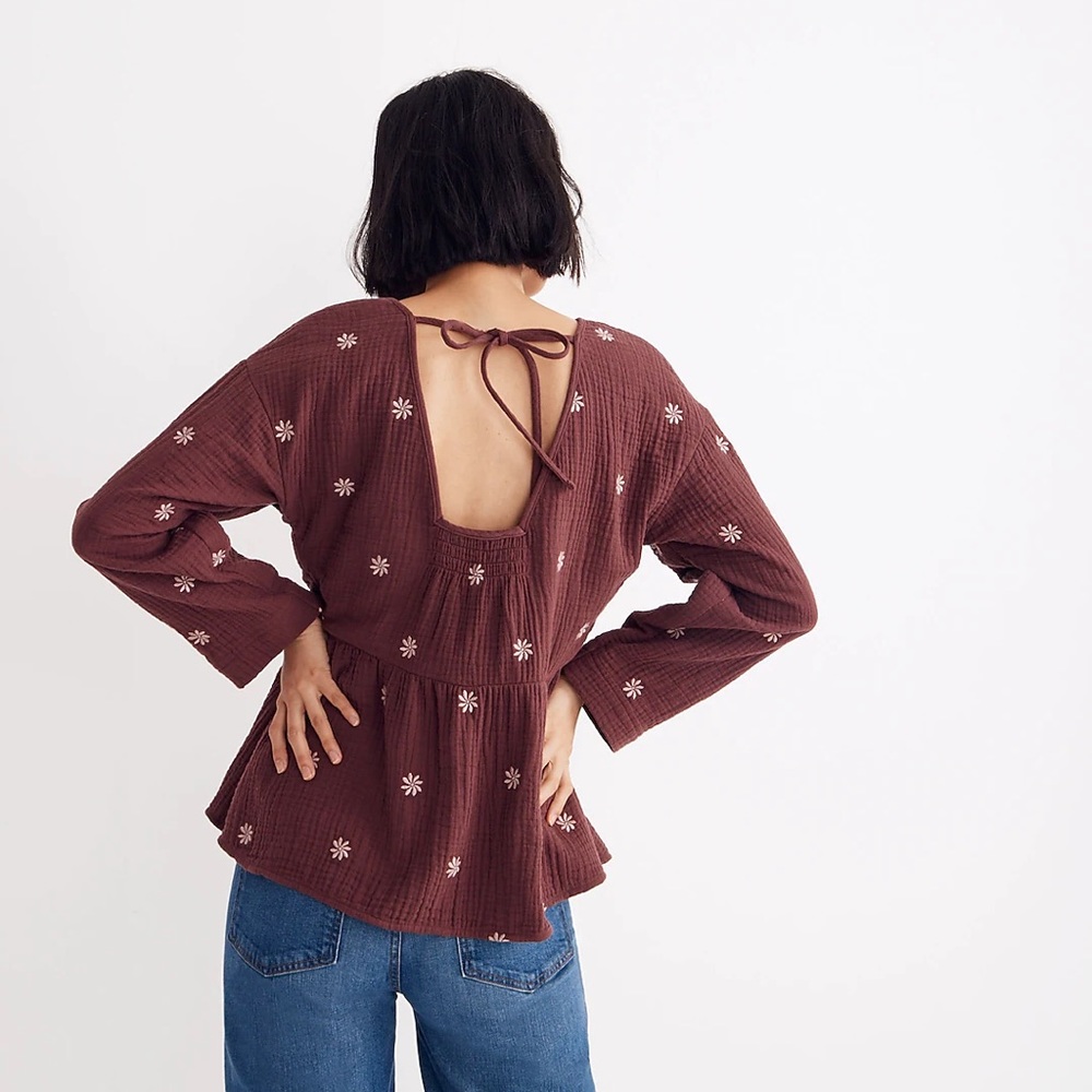 Madewell Embroidered Lightspun Peplum Open-Back‎ Top